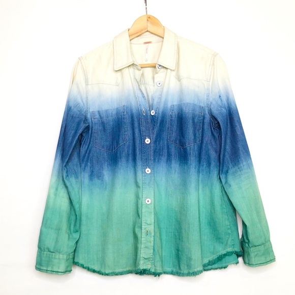Free people ombre, chambray, distressed fringed him button down shirt - Picture 2 of 13